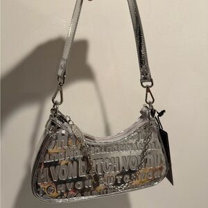 Von Dutch Silver Metallic Logo Shoulder Bag with Chain Accent